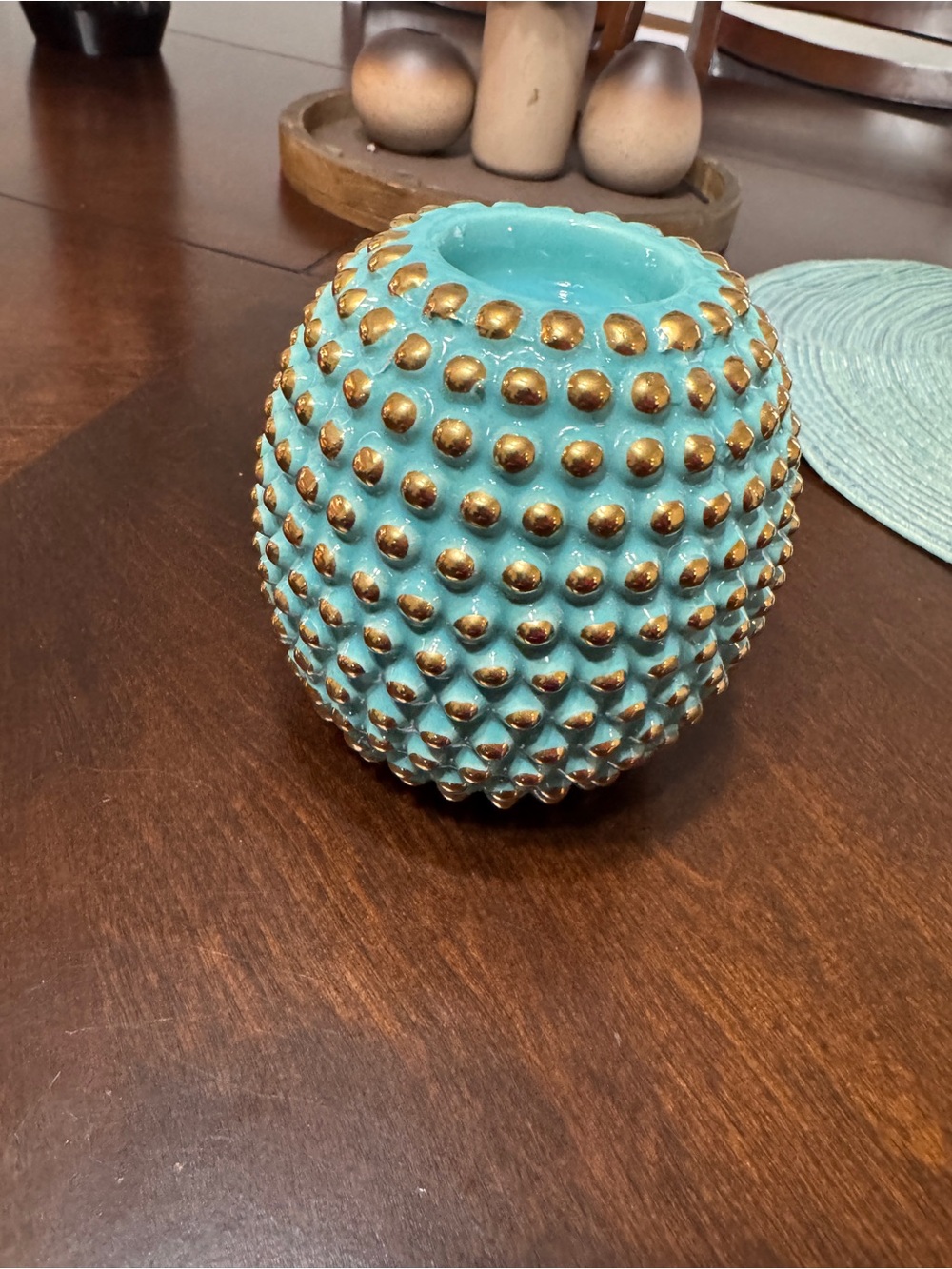 Vintage Turquoise Ceramic Candle Holder Gold-Tone Studded Textured Decor